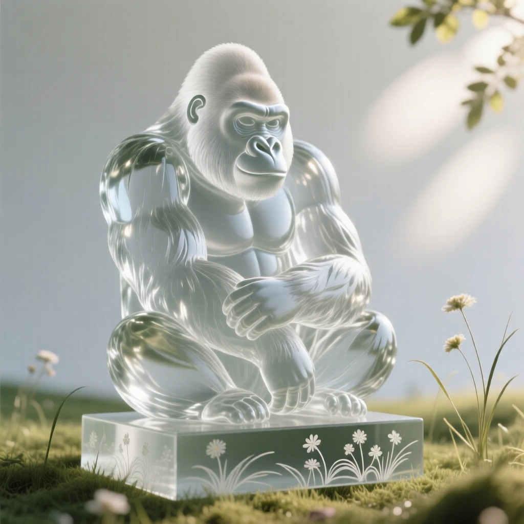 A mountain gorilla resting peacefully in a sunlit meadow scattered with wildflowers, a gentle breeze bending the grass, evoking warmth and tranquility.
