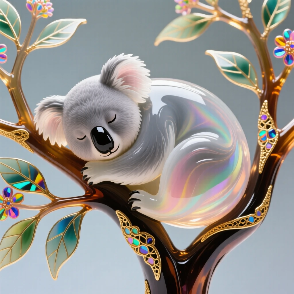 A koala curled asleep in a eucalyptus tree fork, peaceful and cozy, soft dappled afternoon light.