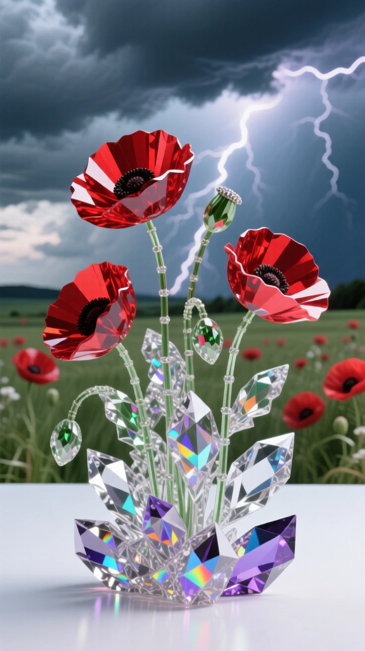 A meadow of red poppies swaying beneath a dramatic thunderstorm sky in the distance.