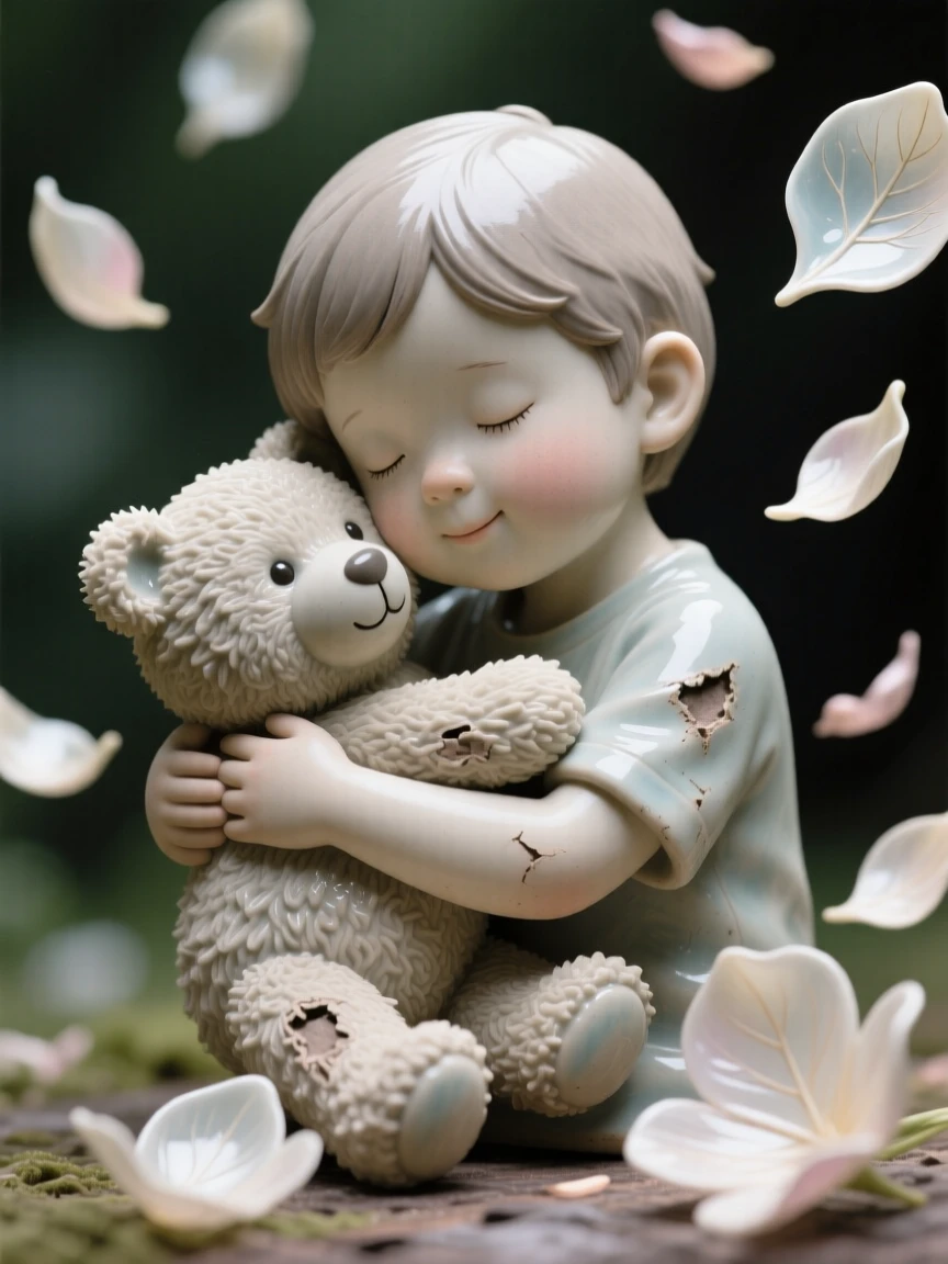 A child hugging a beloved stuffed animal caught in an intimate, unguarded moment, surrounded by softly falling petals, filling the scene with joy and gentle wonder.