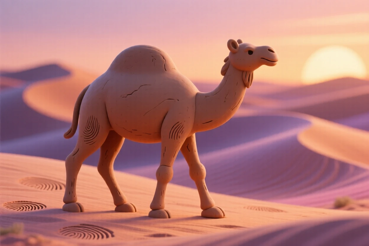 A camel silhouette walking across rippling desert dunes at sunset