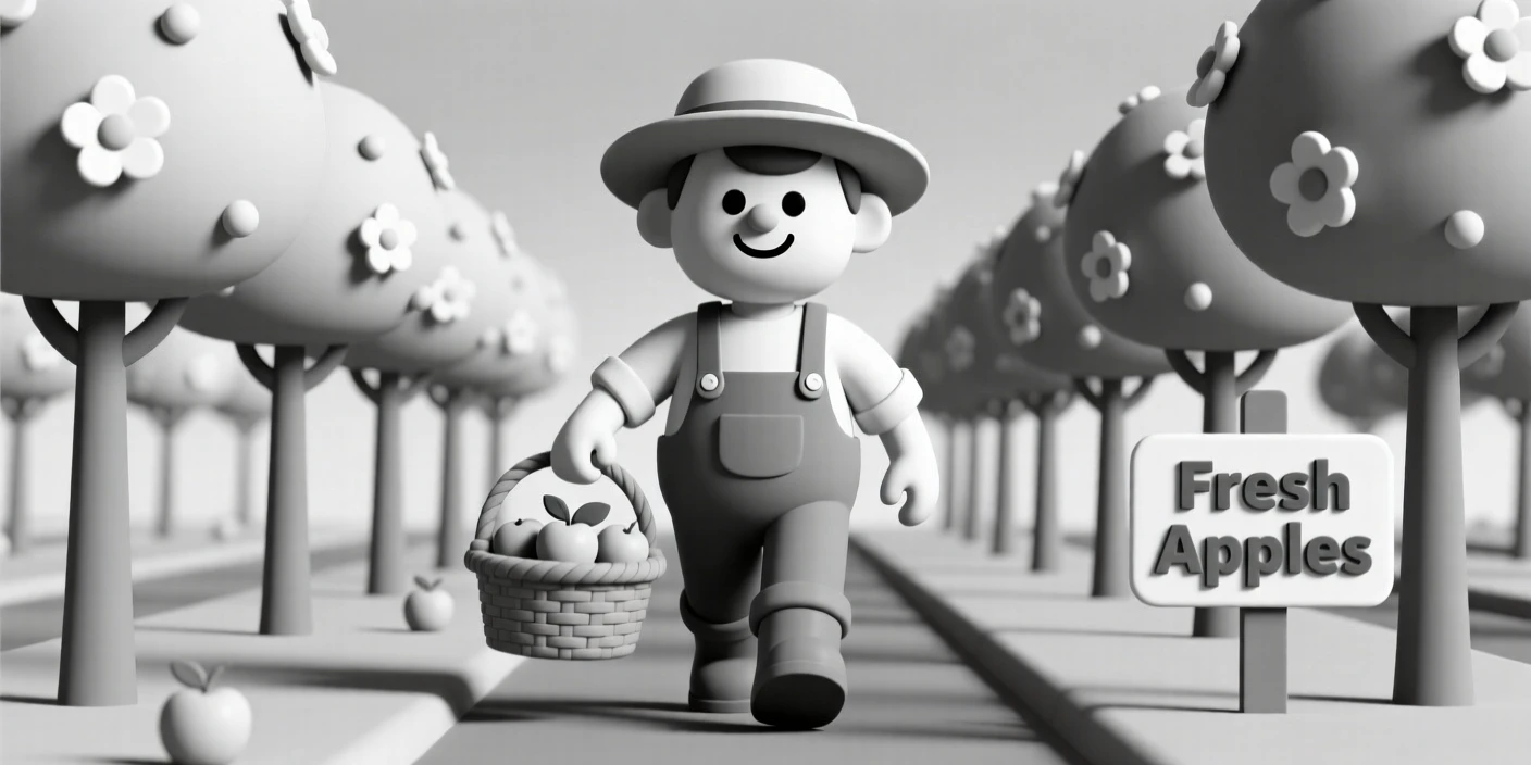 A cheerful farmer in overalls carries a basket of freshly picked apples through rows of blossoming orchard trees.