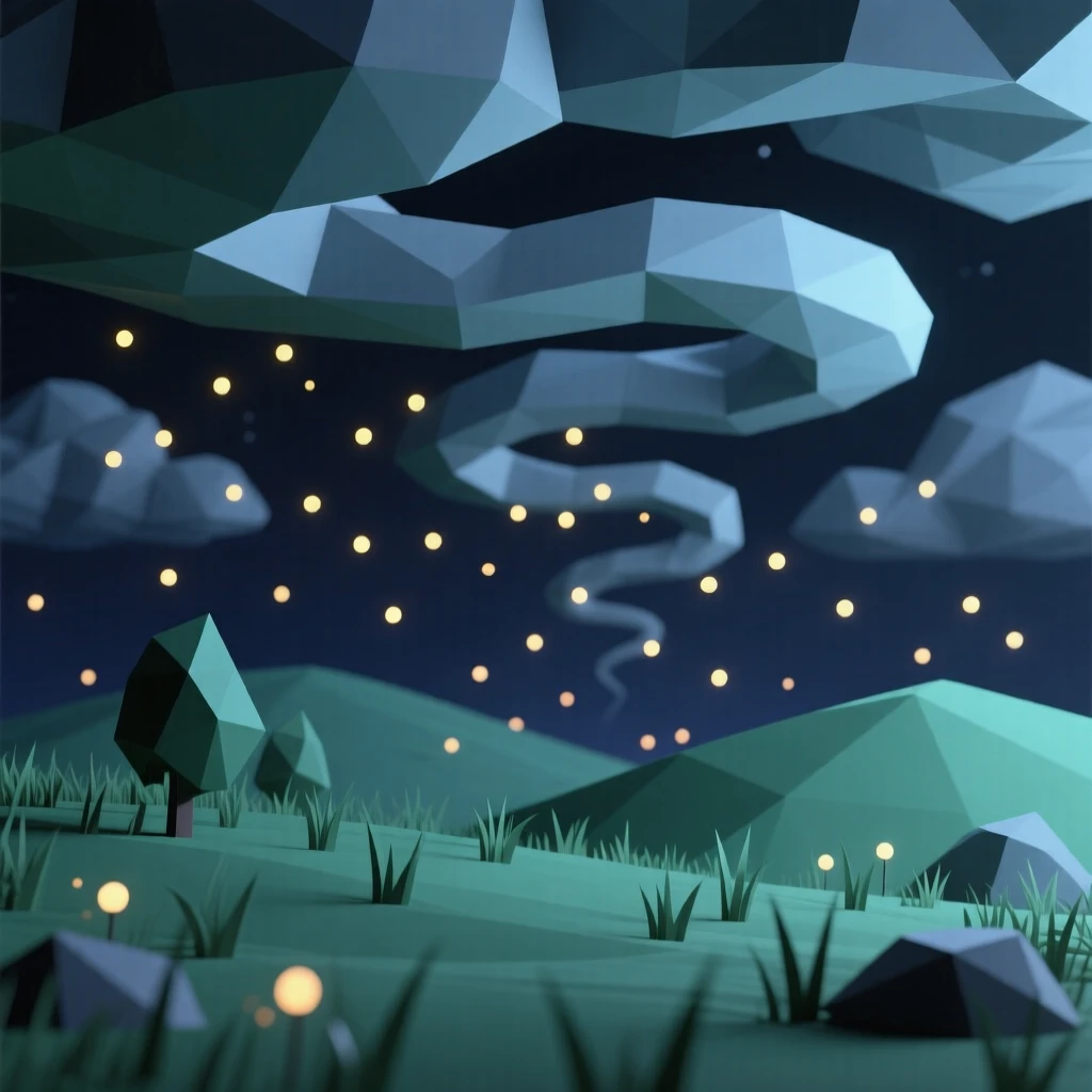 A meadow glowing under a blanket of fireflies, under swirling storm clouds. layers of color create a striking sense of depth. There is a quiet, meditative stillness.