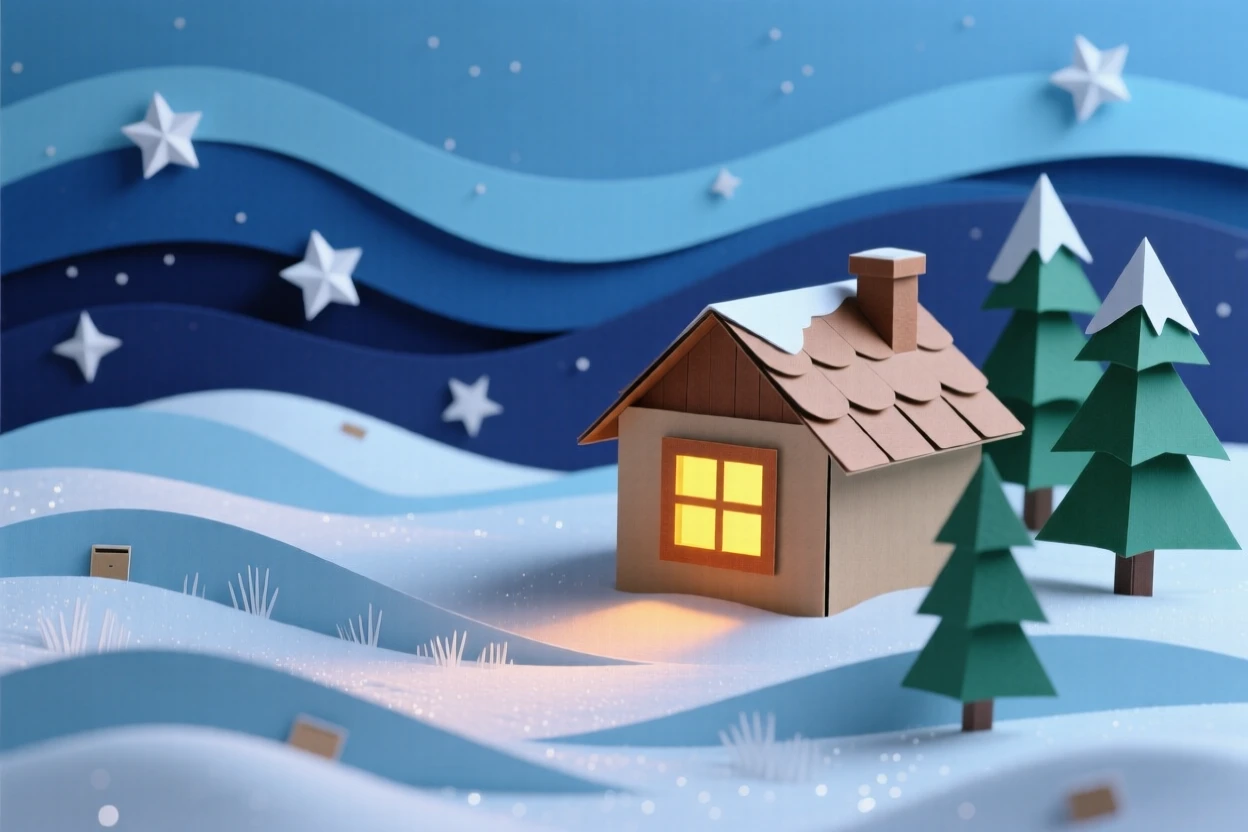 A quiet snowy meadow at twilight, soft blue light settling over untouched drifts, a cabin's warm window glow visible in the distance, evoking peaceful winter solitude.
