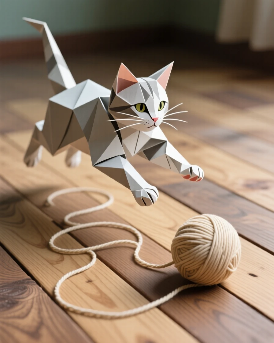 A kitten pouncing on a rolling ball of yarn that has unraveled across a wooden floor, mid-air with paws outstretched.