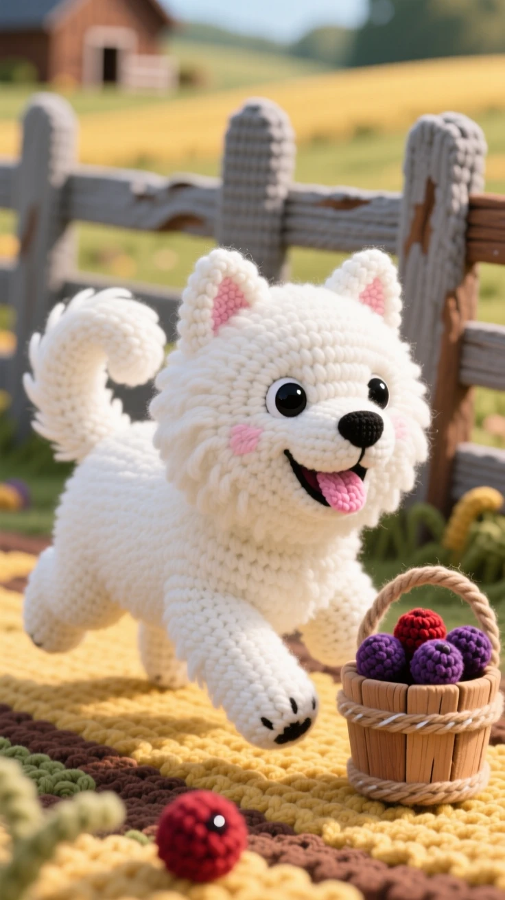 a fluffy Samoyed puppy with a plush white coat and a curled tail is shown grinning with tongue out mid-run within a sunny farmyard with a weathered wooden fence, accompanied by a small wooden bucket half filled with berries, capturing gentle trust and quiet companionship.