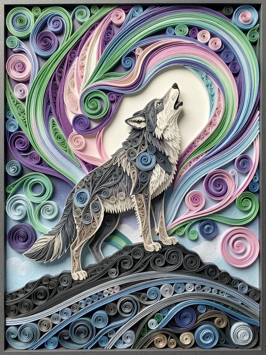 a wolf howling atop a moonlit ridge, beneath a sky shimmering with soft aurora colors, captured in a quiet, still, contemplative moment, with fine texture visible in every strand of fur.