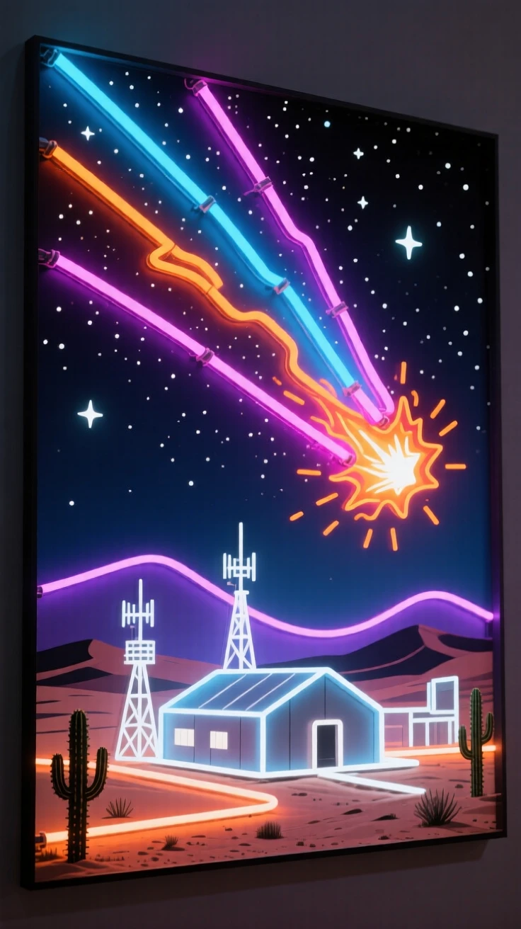 A meteor storm lighting up the sky above a desert research base.