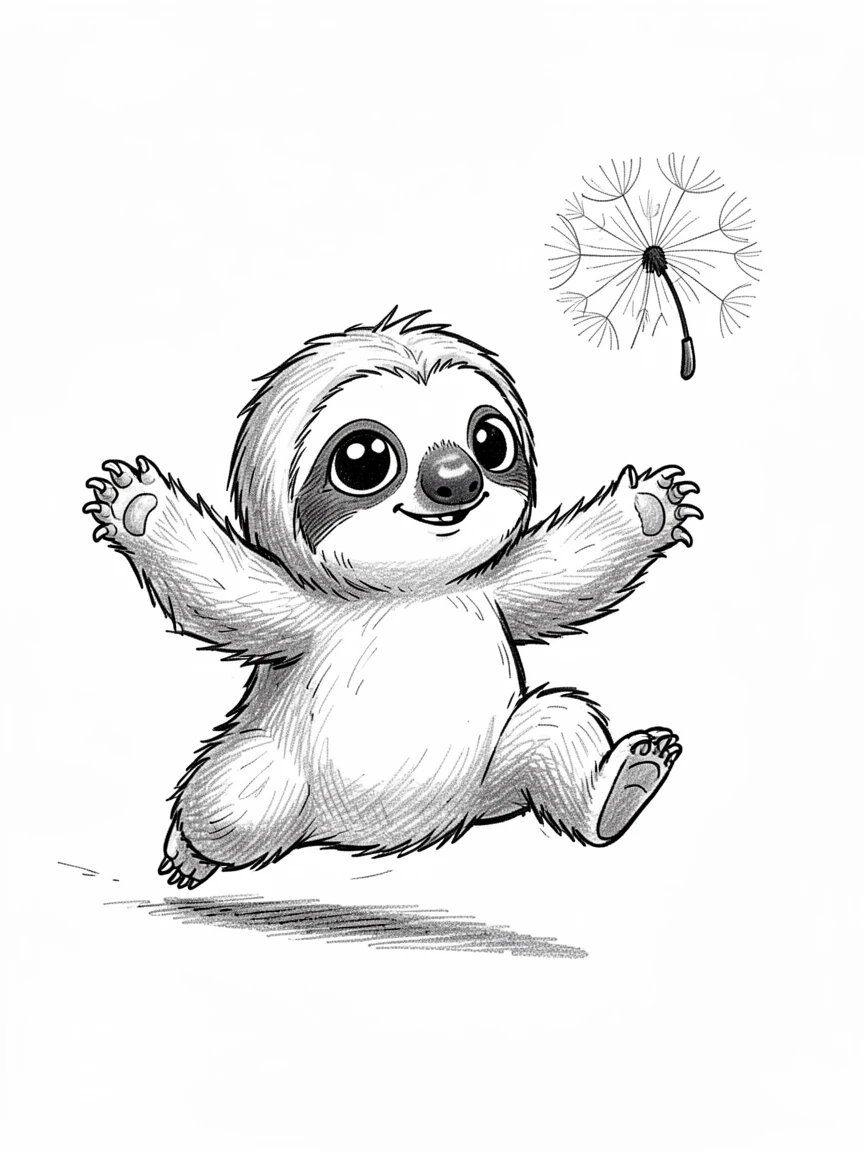 A baby sloth chasing a floating dandelion seed.