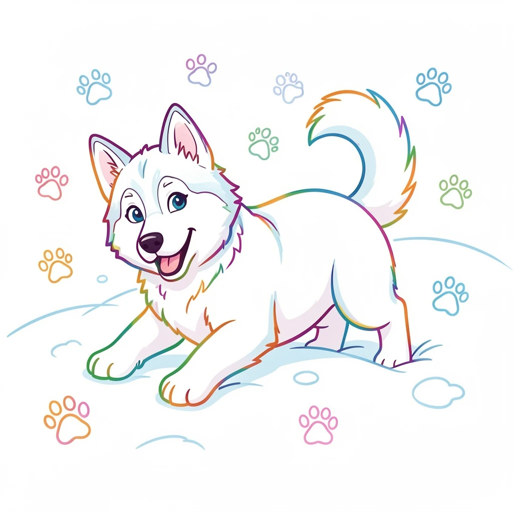 A husky puppy rolling in fresh snow with paw prints scattered all around.