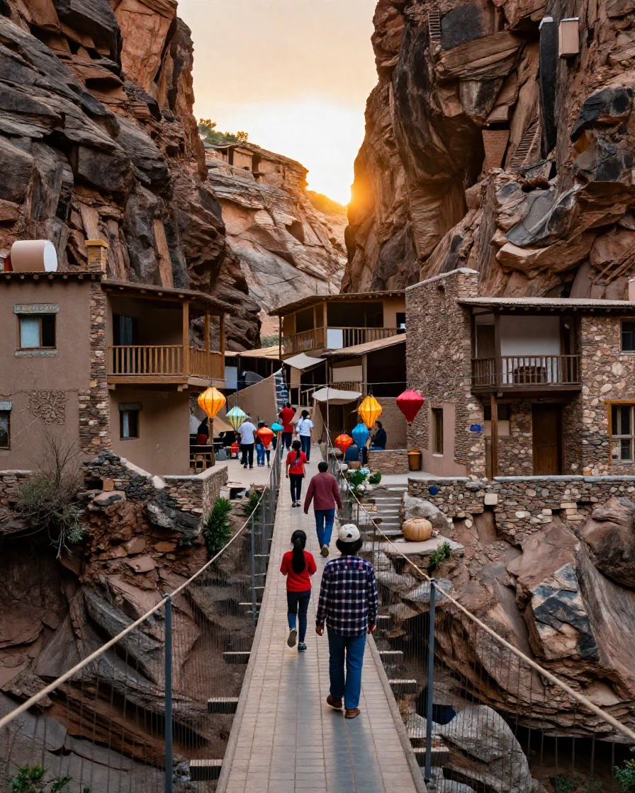 A canyon bridge strung with paper lanterns connects two cliffside villages.