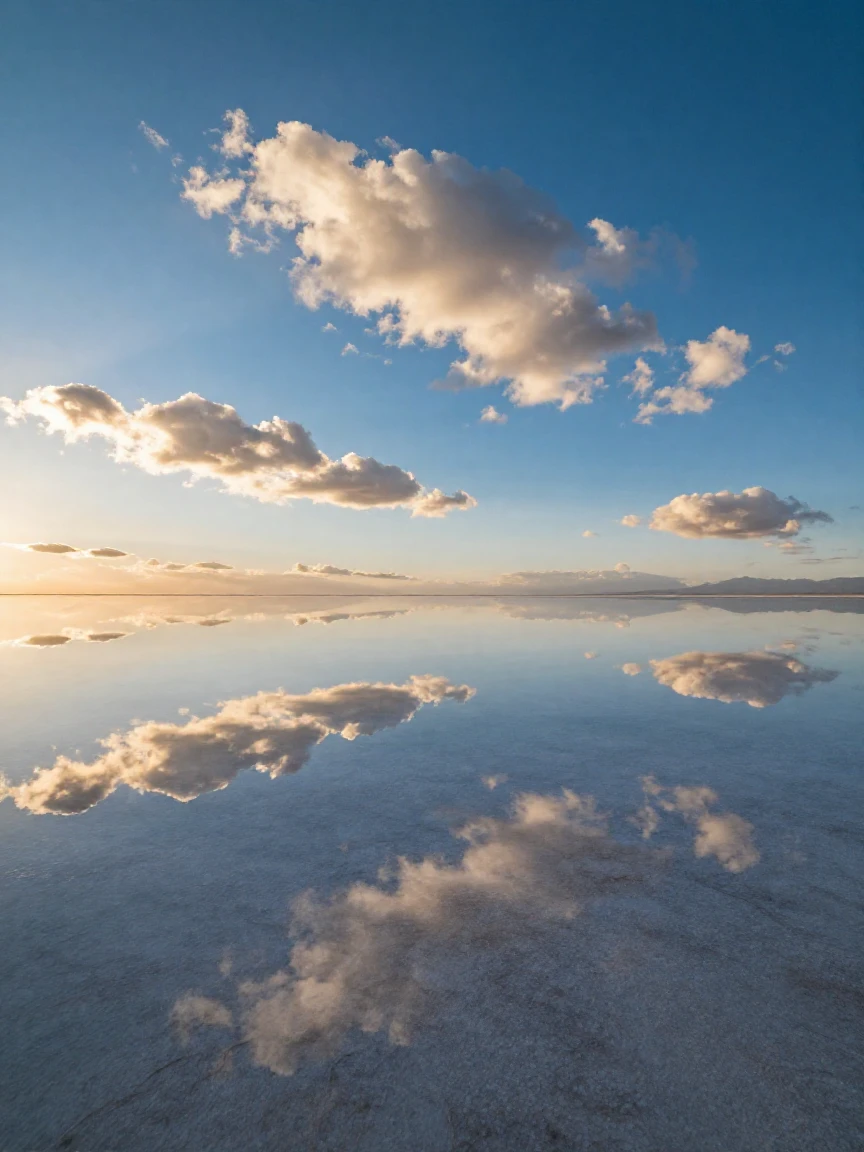 A salt flat stretching to the horizon, perfectly mirroring the sky above