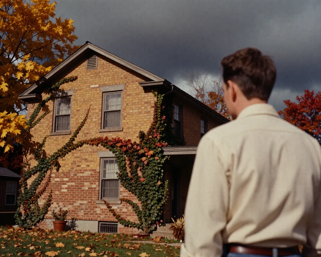 Ivy climbing steadily up the weathered brick wall of an old house, under a canopy of stars, under a darkening storm sky, as autumn leaves turn gold and red, in warm honey and cream tones, over the shoulder of the main subject.