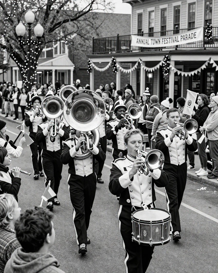 A brass band marches down a festive parade route through a decorated town square.