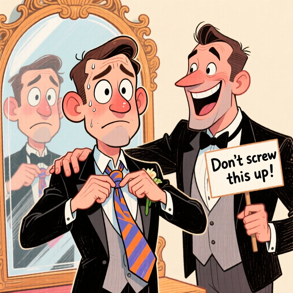 A nervous groom fixing his tie in a mirror while his best man laughs behind him.
