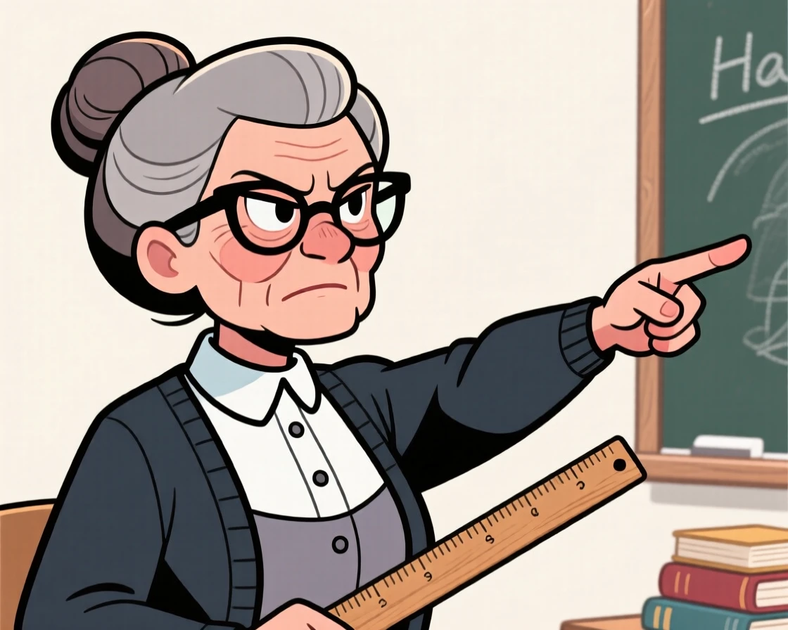 A memorable character portrait of a stern but kind-hearted headmistress with her hair in a tight bun, spectacles low on her nose, pointing sternly with a ruler.