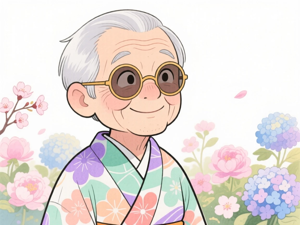An elderly man with a sleek silver bob, gazing thoughtfully into the distance, wearing a colorful patterned kimono and wearing round vintage sunglasses, in front of a blooming garden