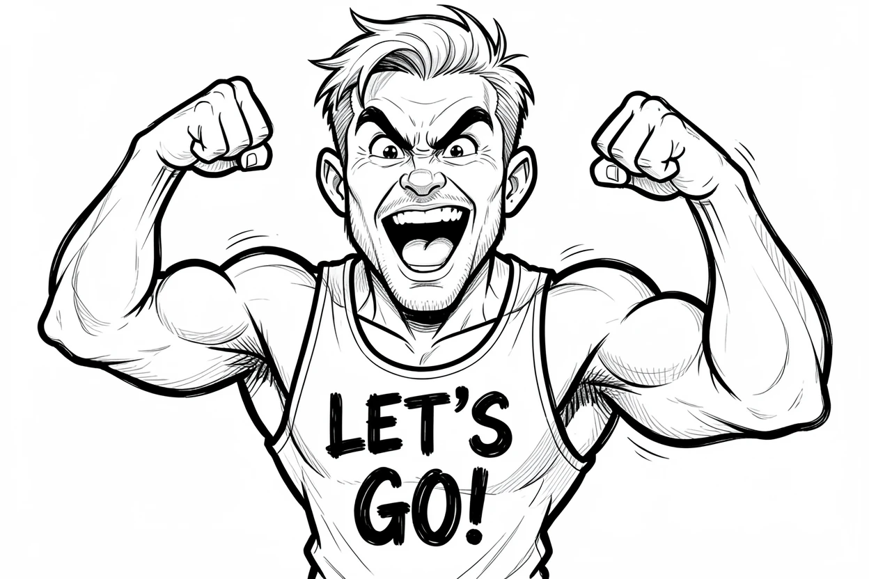 [People Portraits & Characters] Portrait of a energetic gym trainer flexing muscles while shouting encouragement, full of personality and charm
