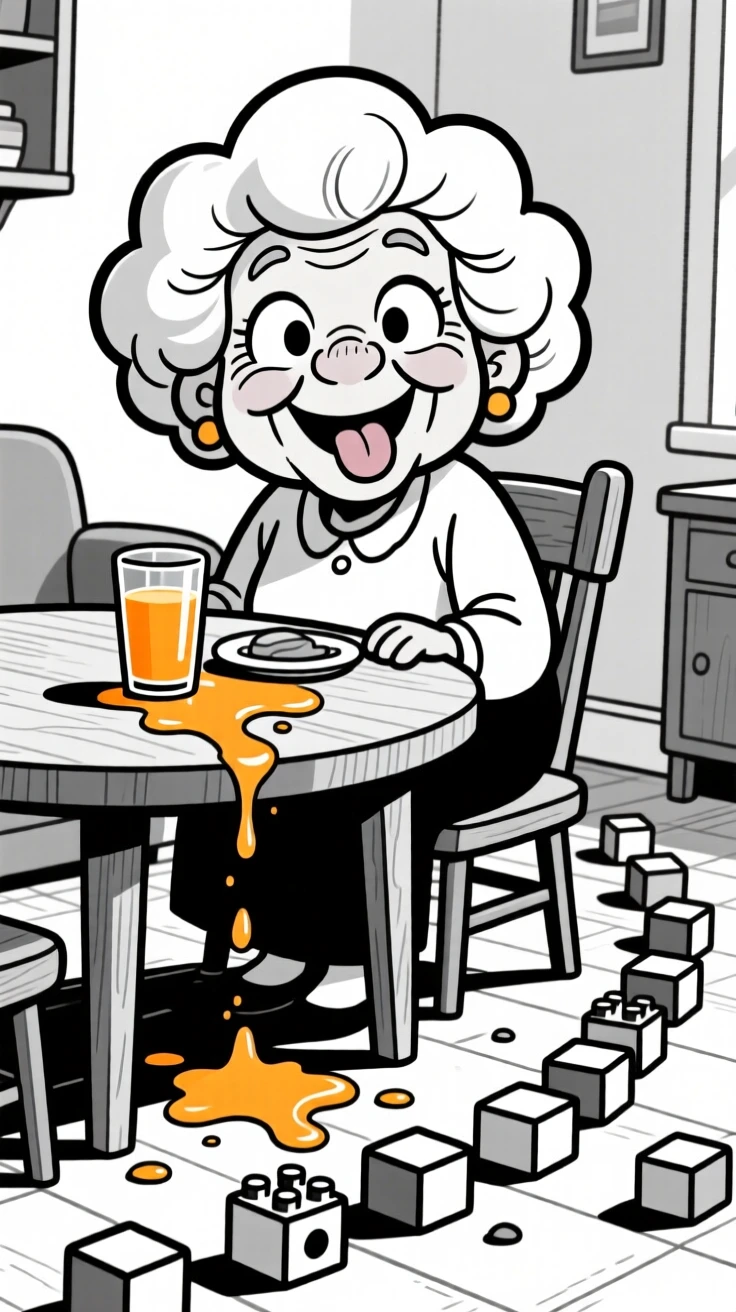 A grandmother with soft curls and a warm smile, sticking out a tongue playfully at the camera, set at a breakfast nook with orange juice spilled nearby. A trail of building blocks leads across the floor. The image captures the joyful mess of home life.