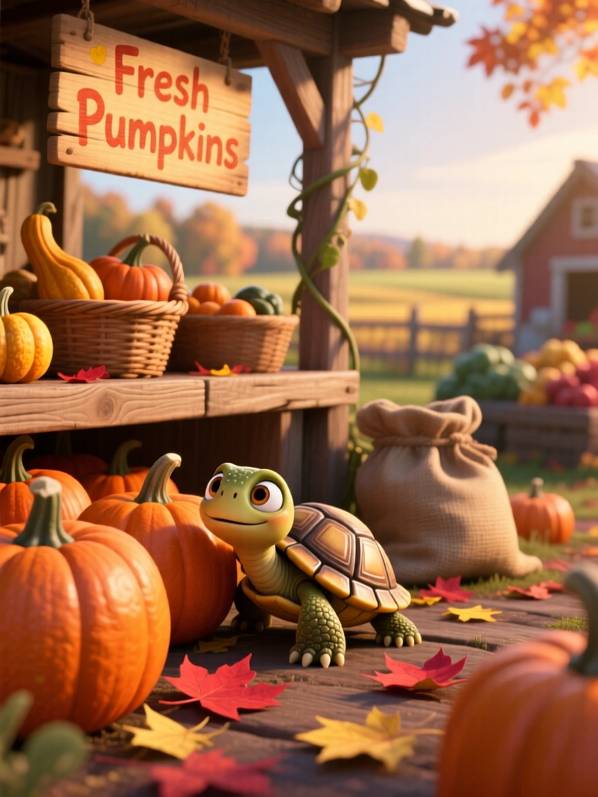A tiny turtle hatchling is hiding among rows of pumpkins at a farm stand, tilting its head curiously. Innocent curiosity shines through the moment, with soft shadows framing the scene.