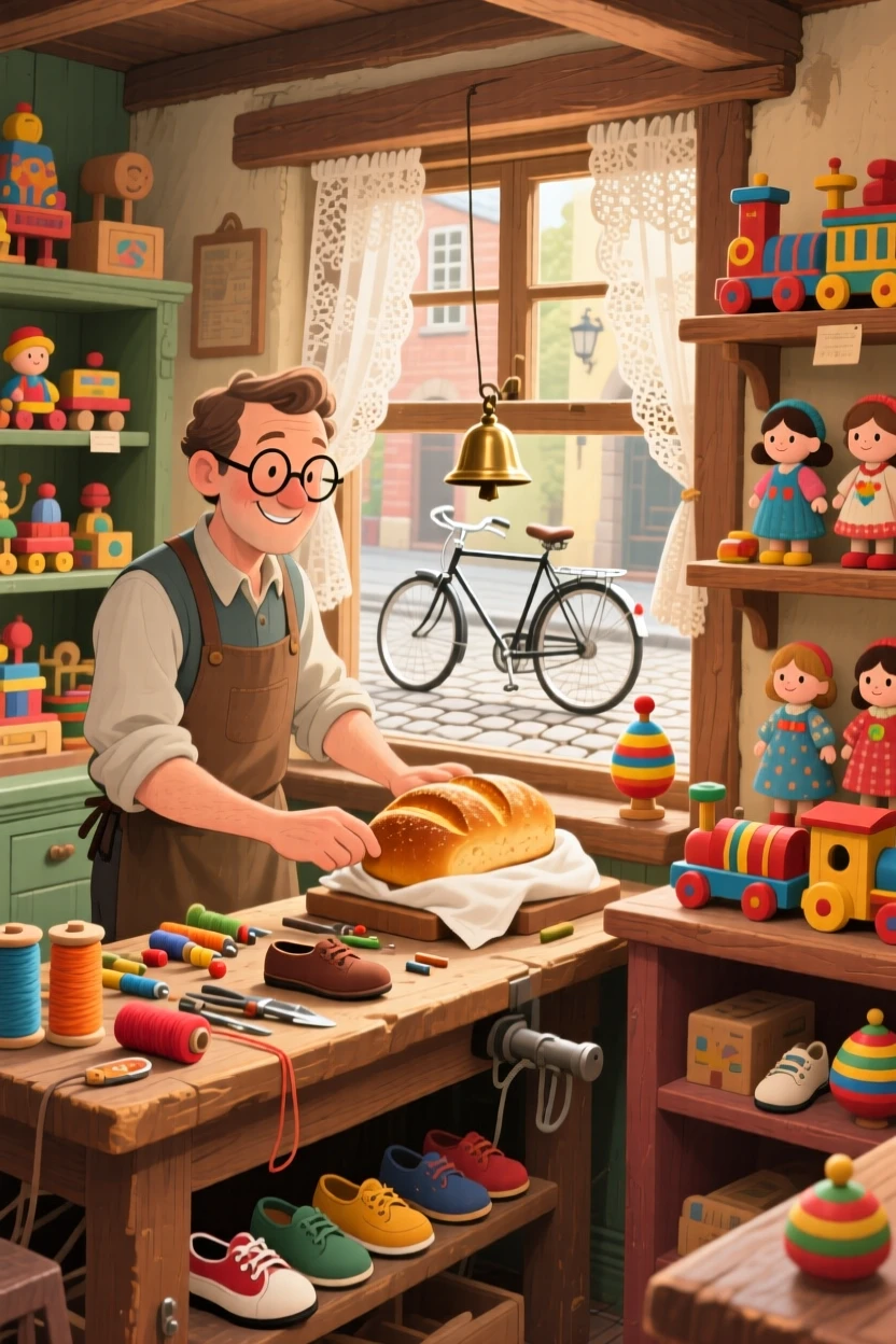 A shoemaker at his workbench pauses while setting out fresh bread on a windowsill in an old-fashioned toy shop, as bicycle bells chime somewhere nearby.
