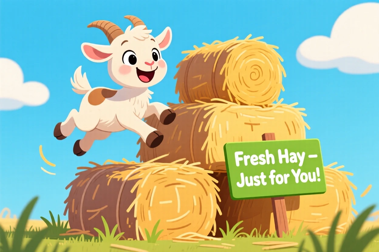 A baby goat hopping over a stack of hay bales.