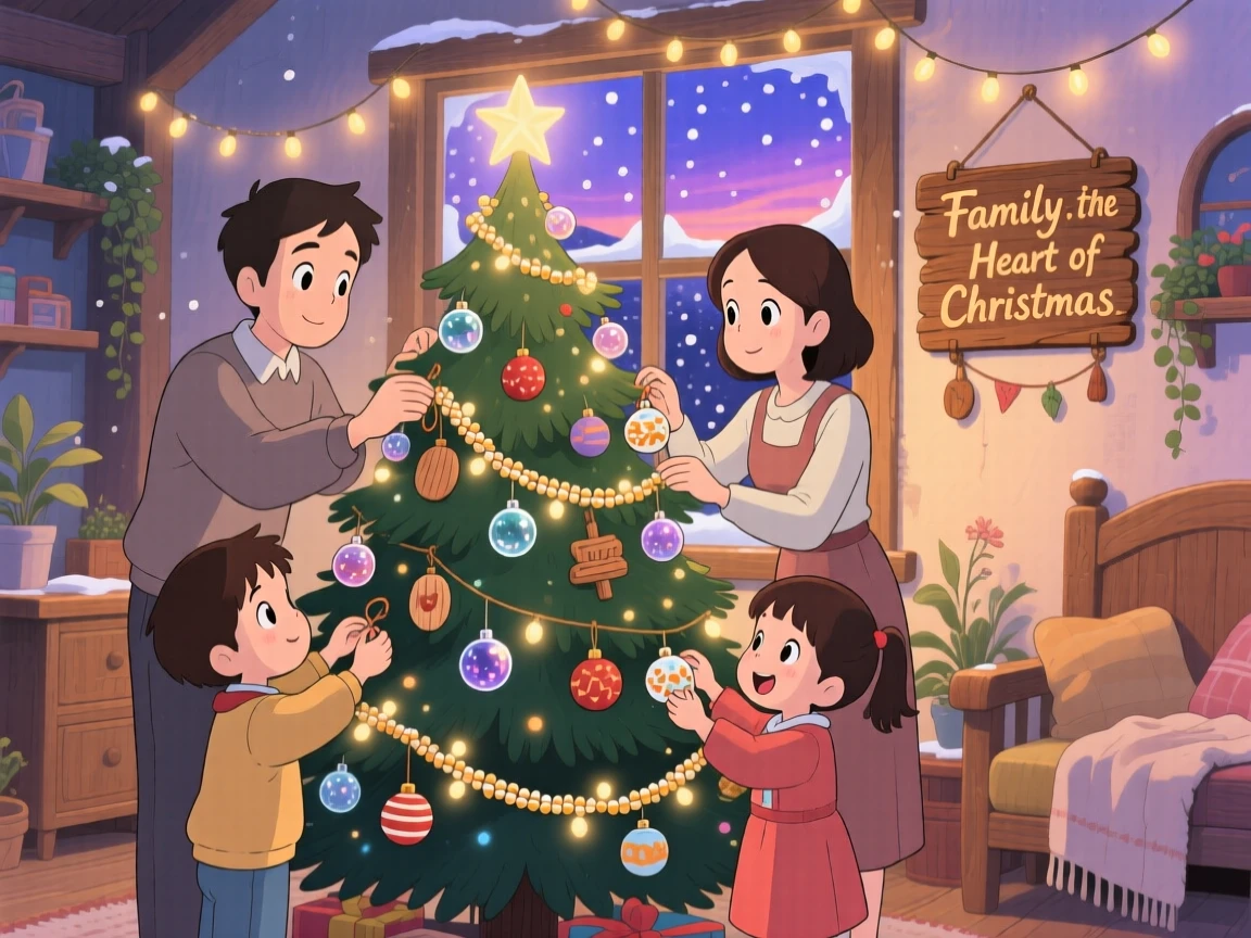 A family decorating a Christmas tree together, the scene full of gentle love.