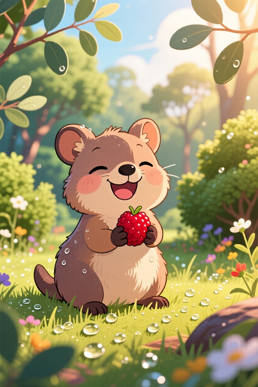 A tiny quokka smiling widely while holding a berry in a sunny Australian bushland as morning dew glistens on the grass; warm fairy-light glow washes over the scene as sleepy relaxation fills the moment. Medium shot.