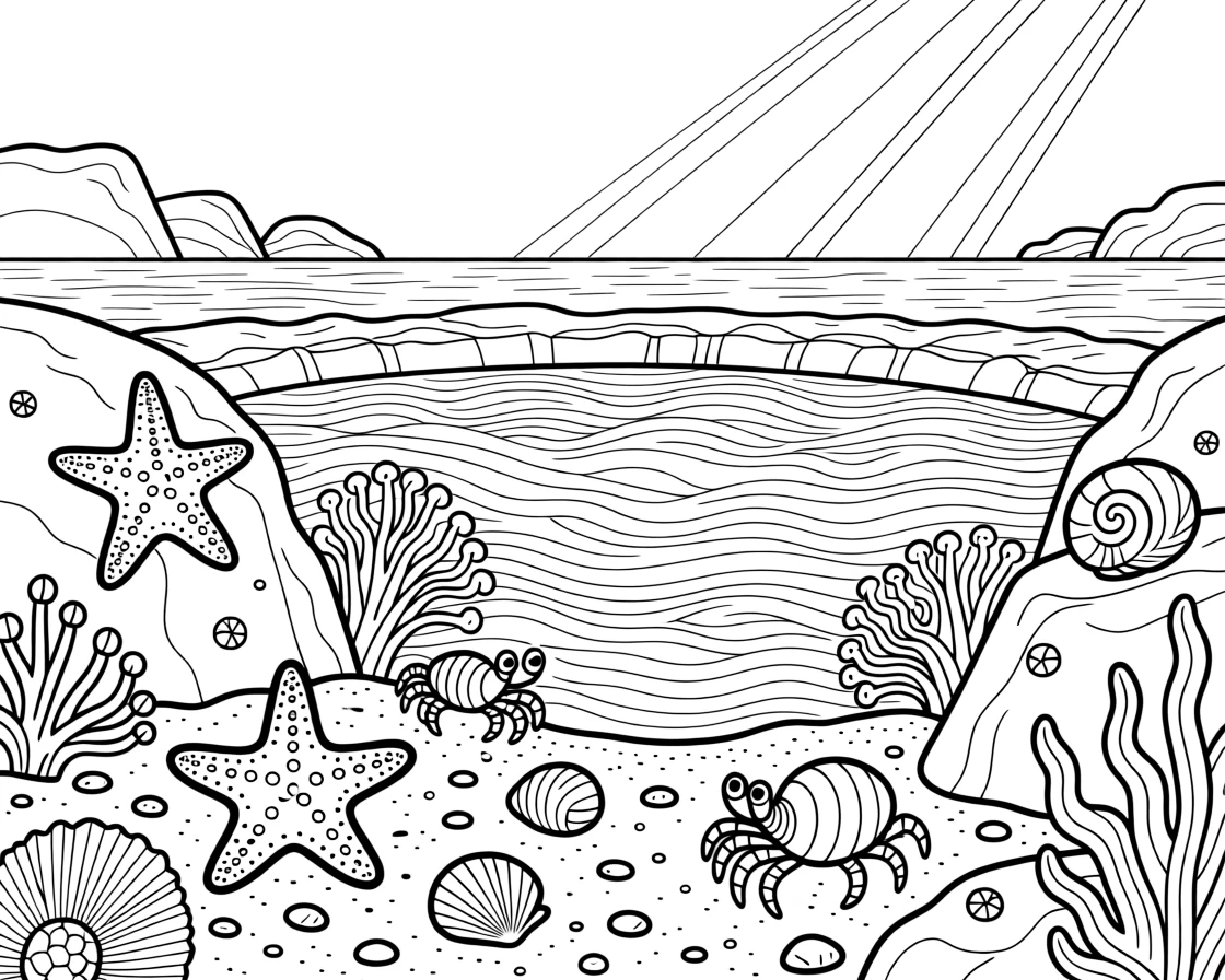A tide pool full of starfish, anemones, and hermit crabs, with sunlight streaming down in golden shafts.