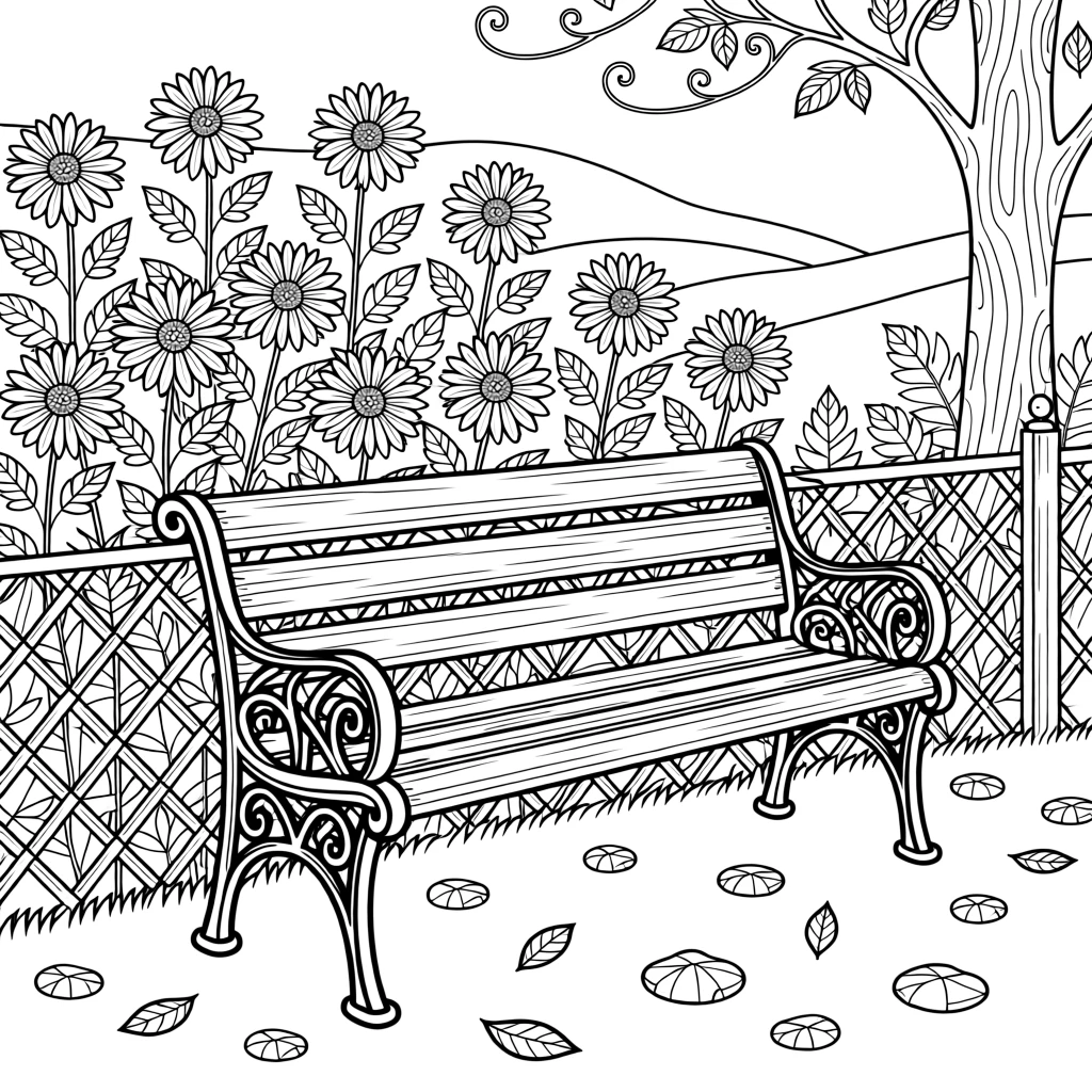 A cluster of chrysanthemums in autumn colors around a garden bench.