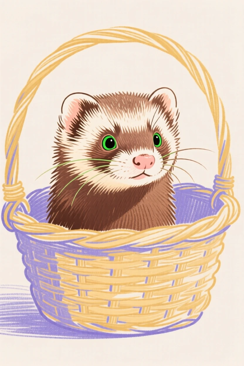 A ferret peeking from a basket.