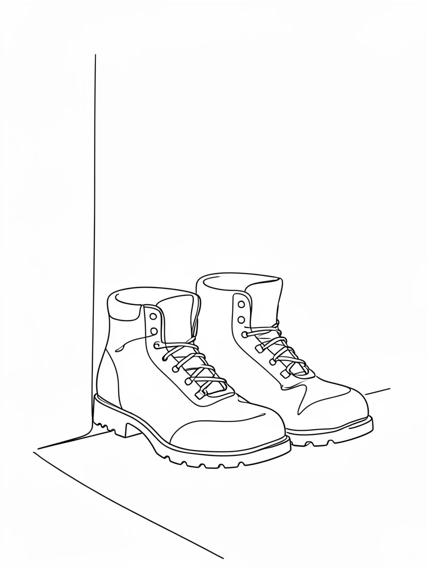 A pair of worn hiking boots resting by a front door after a long walk