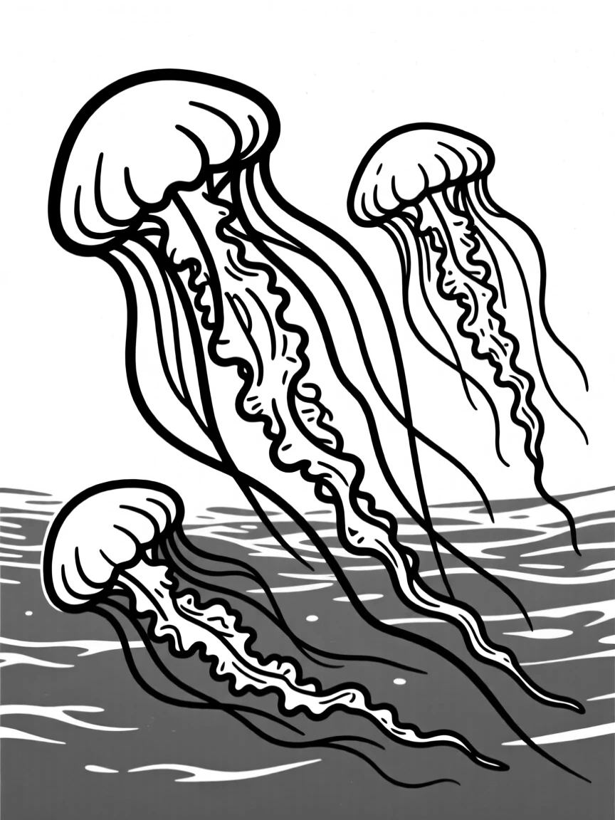 A school of jellyfish drifting through deep blue water, tentacles trailing gracefully.