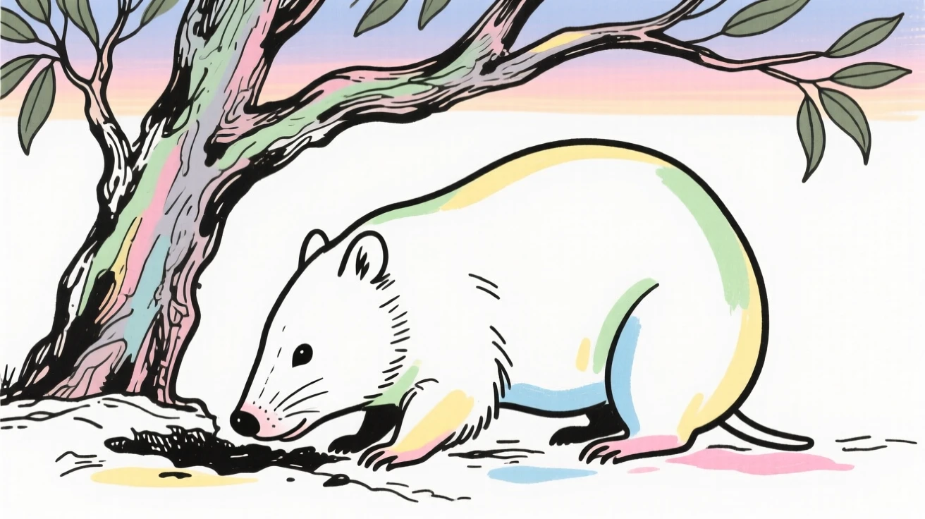 A wombat digging a burrow beneath a gum tree at twilight.
