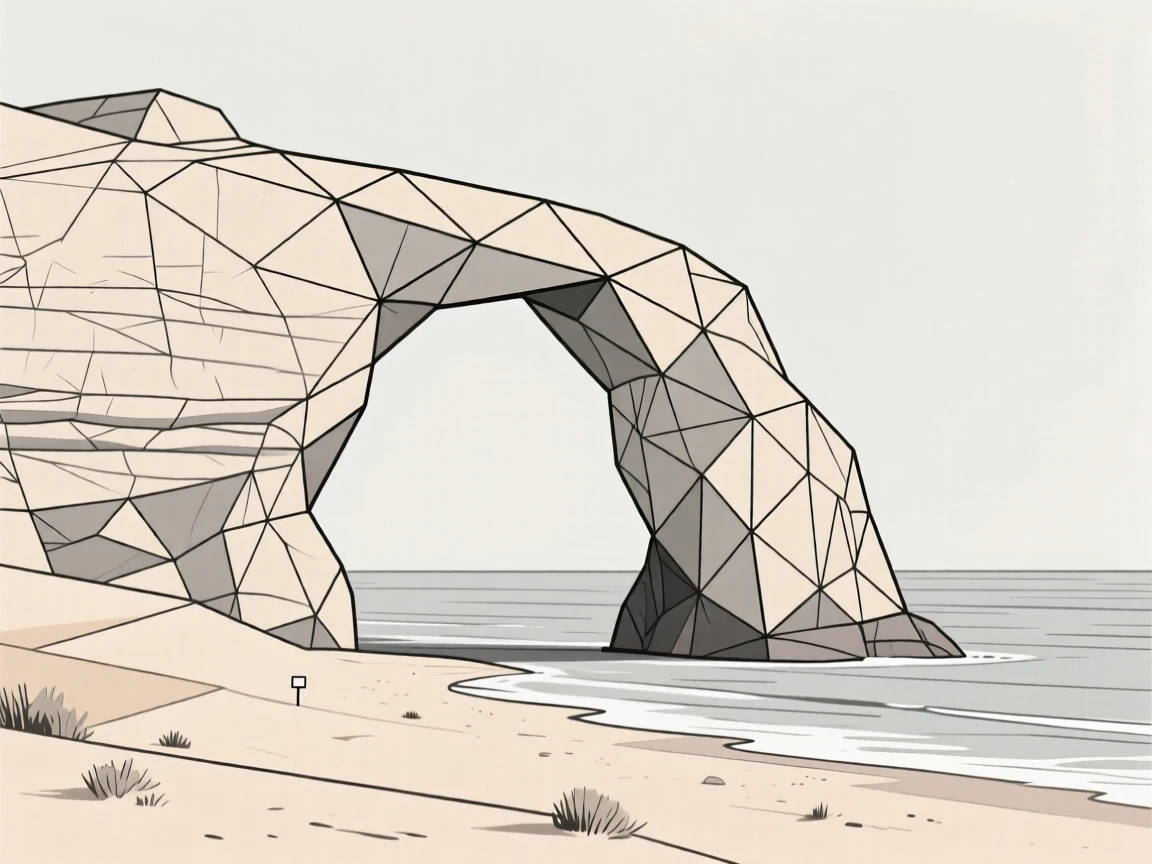 A rocky arch formation on a desert coastline