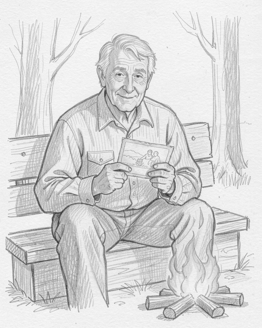 A tender portrait of a gentle farmer, clutching an old photograph, beside a crackling campfire.