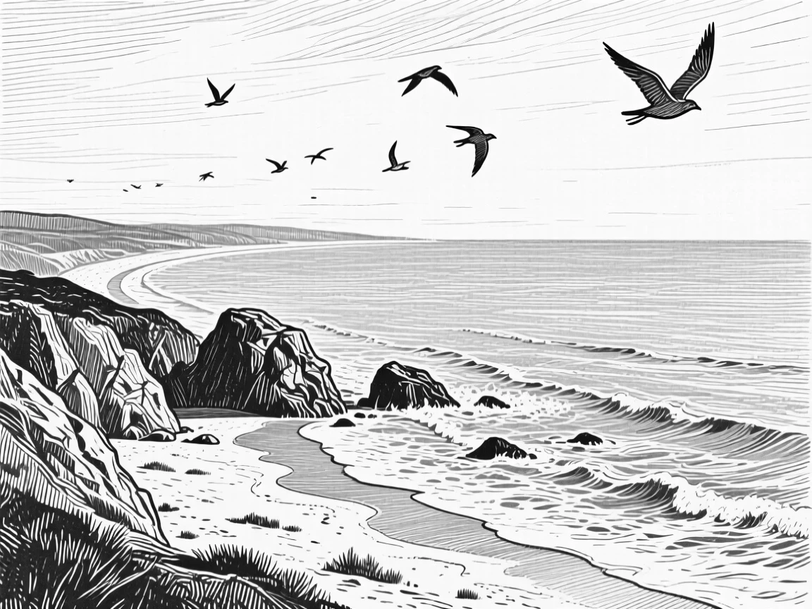 A curved coastline at the edge of an endless horizon, with birds circling lazily overhead, evoking a gently nostalgic atmosphere in a wide, balanced composition.