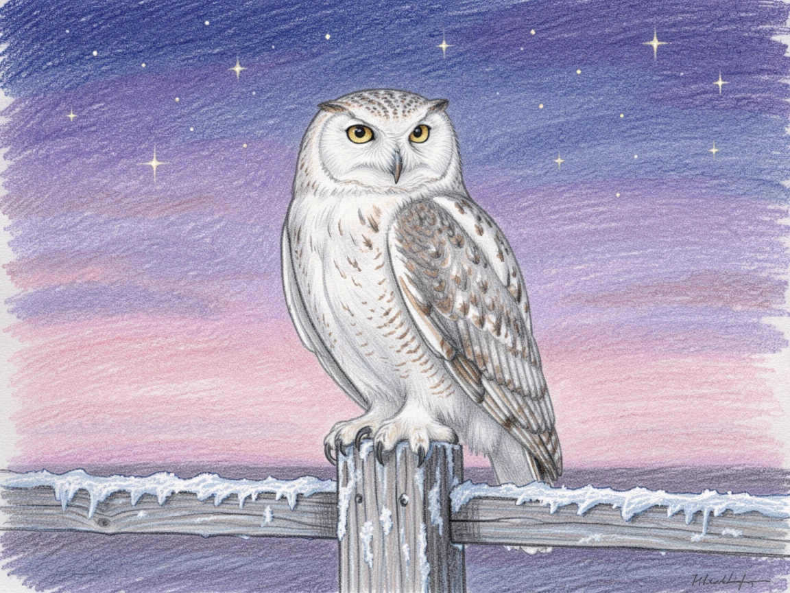 A snowy owl perched on a frost-covered fence post at twilight, beneath a sky scattered with early evening stars, designed to feel like a peaceful escape from everyday life.