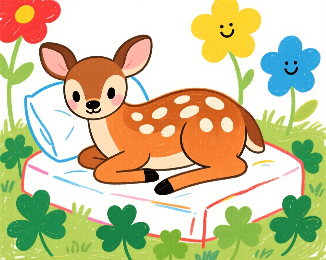 A spotted fawn resting on a bed of clover.