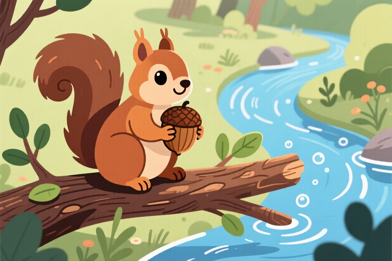 A squirrel clutching an acorn while sitting on a tree branch, positioned beside a babbling woodland stream, grouped together in a playful cluster composition, with a sense of playful curiosity captured perfectly.