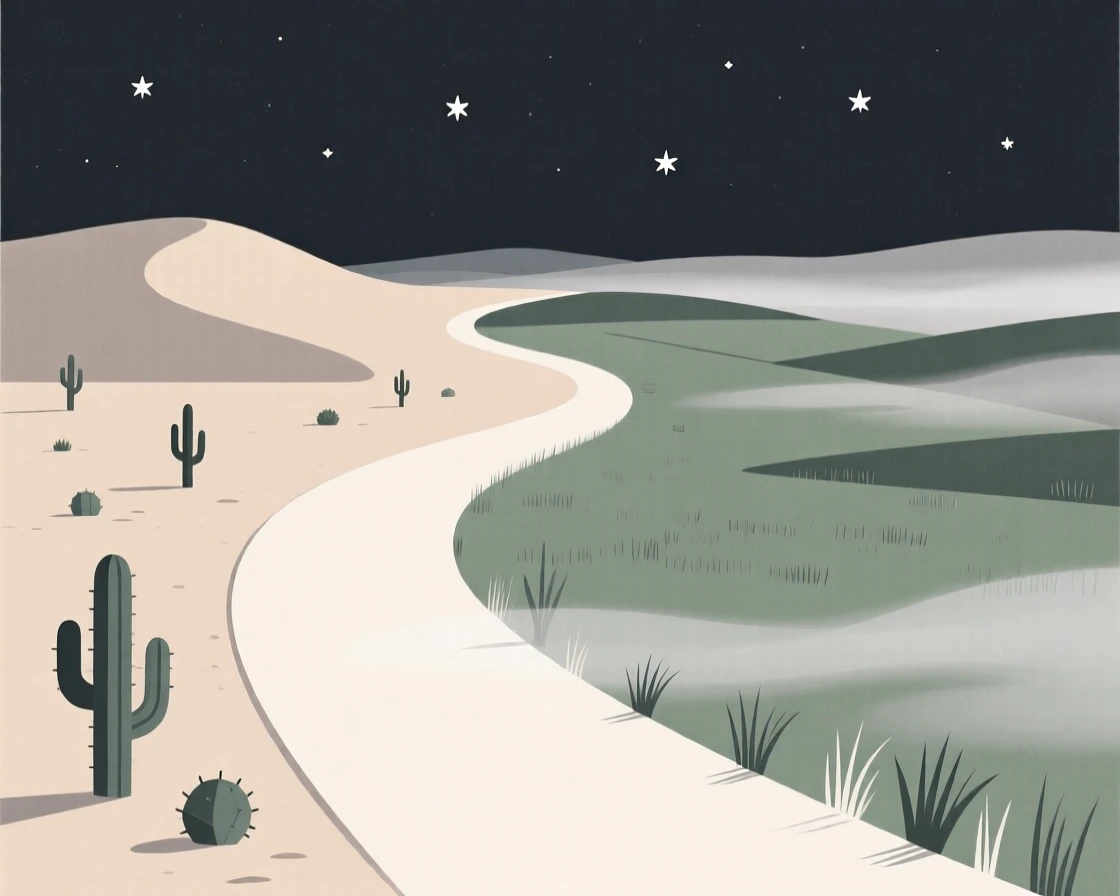 A winding path through a starlit desert leading toward a rolling meadow, with drifting fog scattered along the way, radiating gentle stillness.