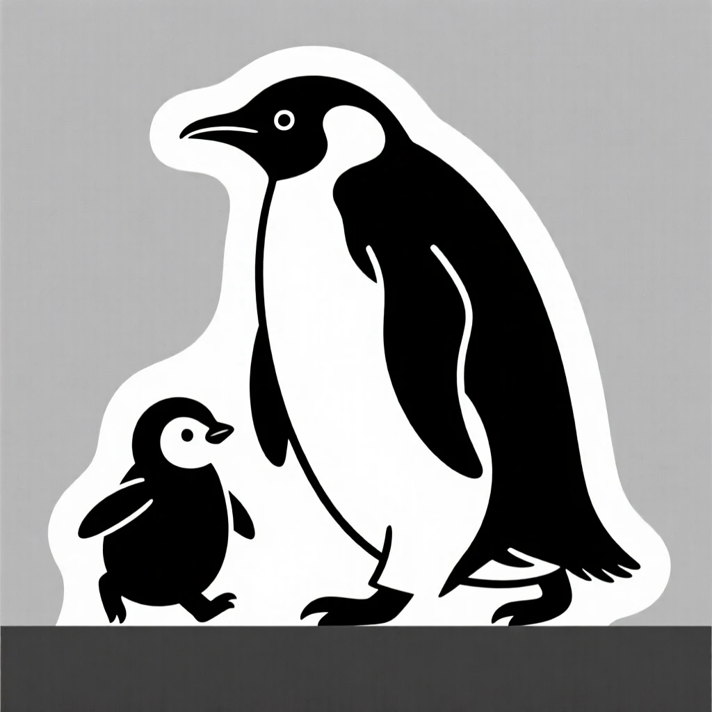 A baby penguin waddling behind its parent.
