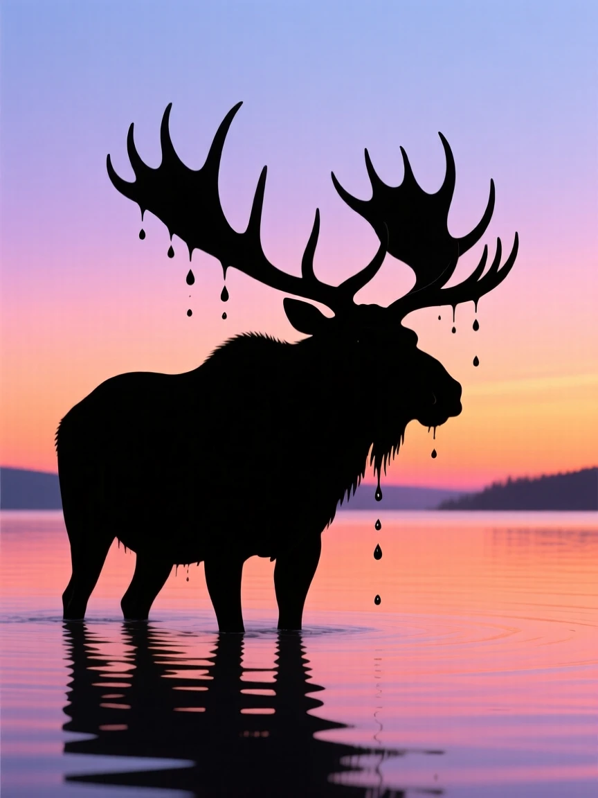 A bull moose wading through a still lake at dawn, antlers dripping with water.