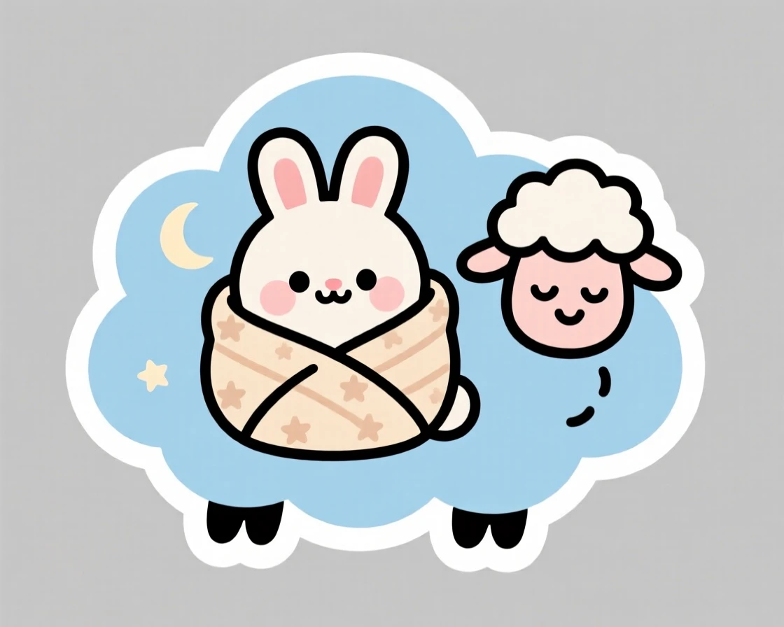 A playful round moon rabbit wrapped in a cozy blanket burrito, on a cloud shaped like a fluffy sheep.