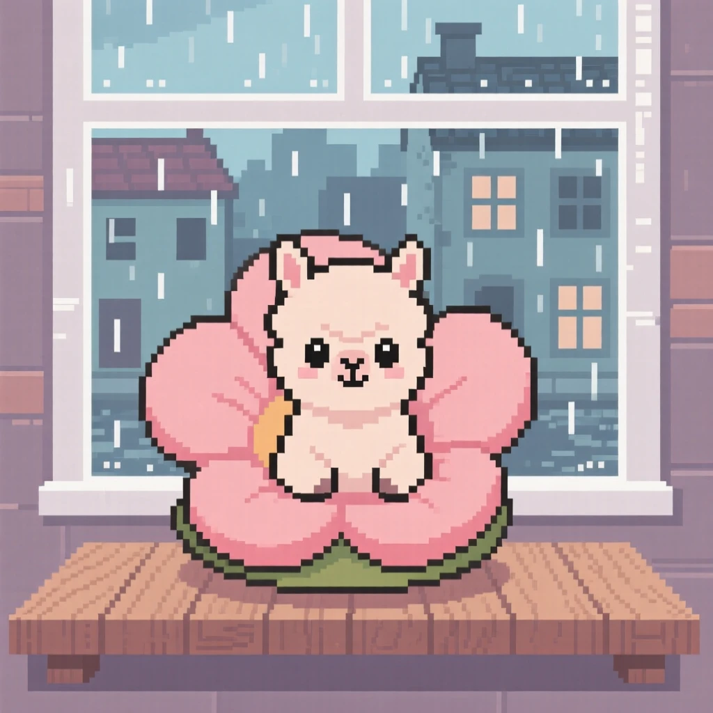 A baby alpaca sitting inside a flower like a cozy chair, on a windowsill overlooking a rainy town.