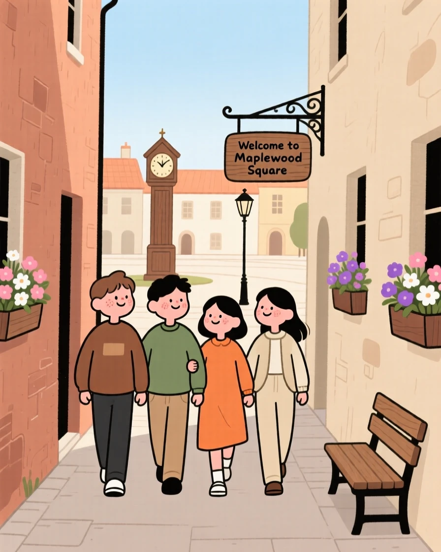 A group of friends link arms and walk down a narrow alley lined with blooming flower boxes, heading toward the town square.