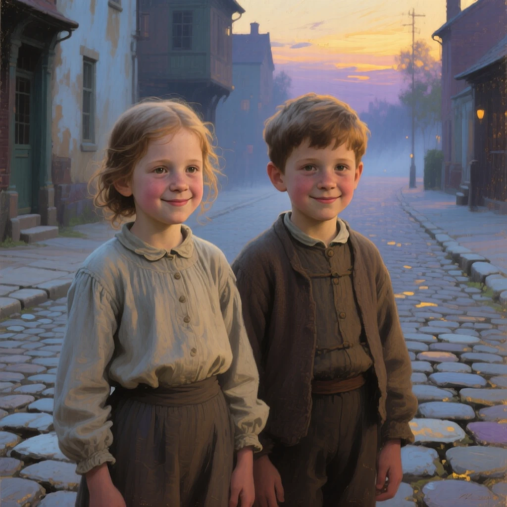 A close-up portrait of a pair of childhood friends on a cobblestone street, radiating quiet contentment, at twilight.