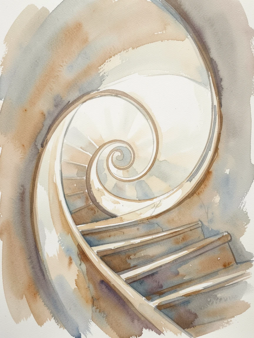 A spiral staircase bathed in soft light leading upward evoking a deep sense of calm.