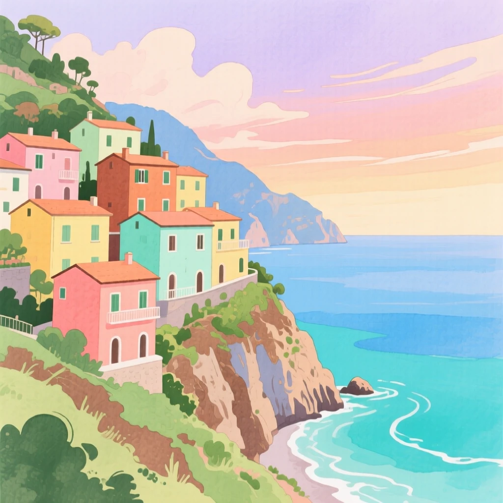 Colorful houses stack up a steep hillside overlooking the turquoise waters of the Amalfi Coast at sunset