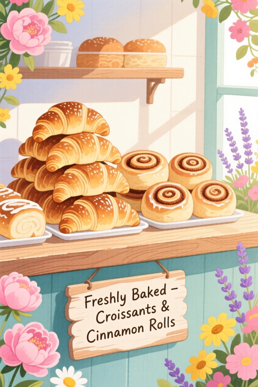A bakery counter piled with fresh croissants and cinnamon rolls, framed by blooming flowers and soft afternoon light.